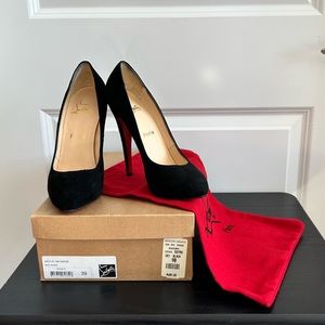 Christian Louboutin Black Suede Declic 140 Pumps, Size 39.